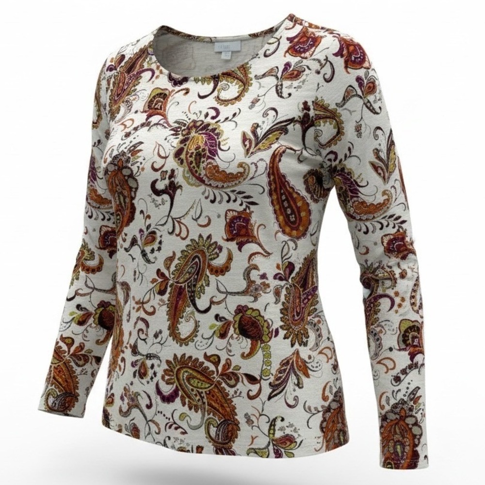 J Jill Women L Large Paisley Long Sleeve Top Cotton Modal Slub‎ Knit Multi Color